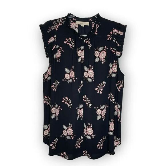 LOFT Tops - Loft LOFT Black Pink Floral Ruffle Edge Split Neck Sleeveless Blouse Women’s XL